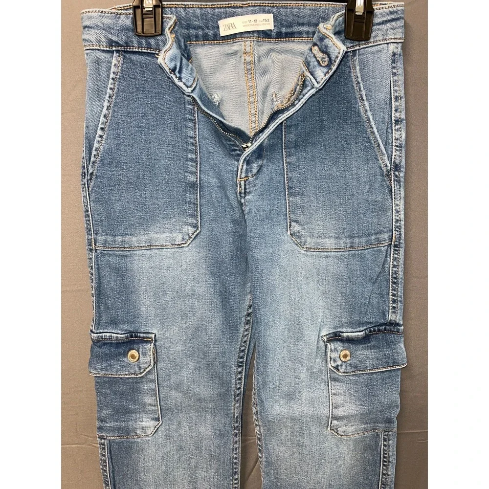 Zara Cargo Jeans‎ Girls 11-12 Blue Denim Cotton Stretch Medium Wash Straight Leg